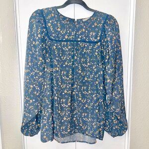 Cotton Bleu Blue & White Floral Print Long Sleeve Blouse Size Small